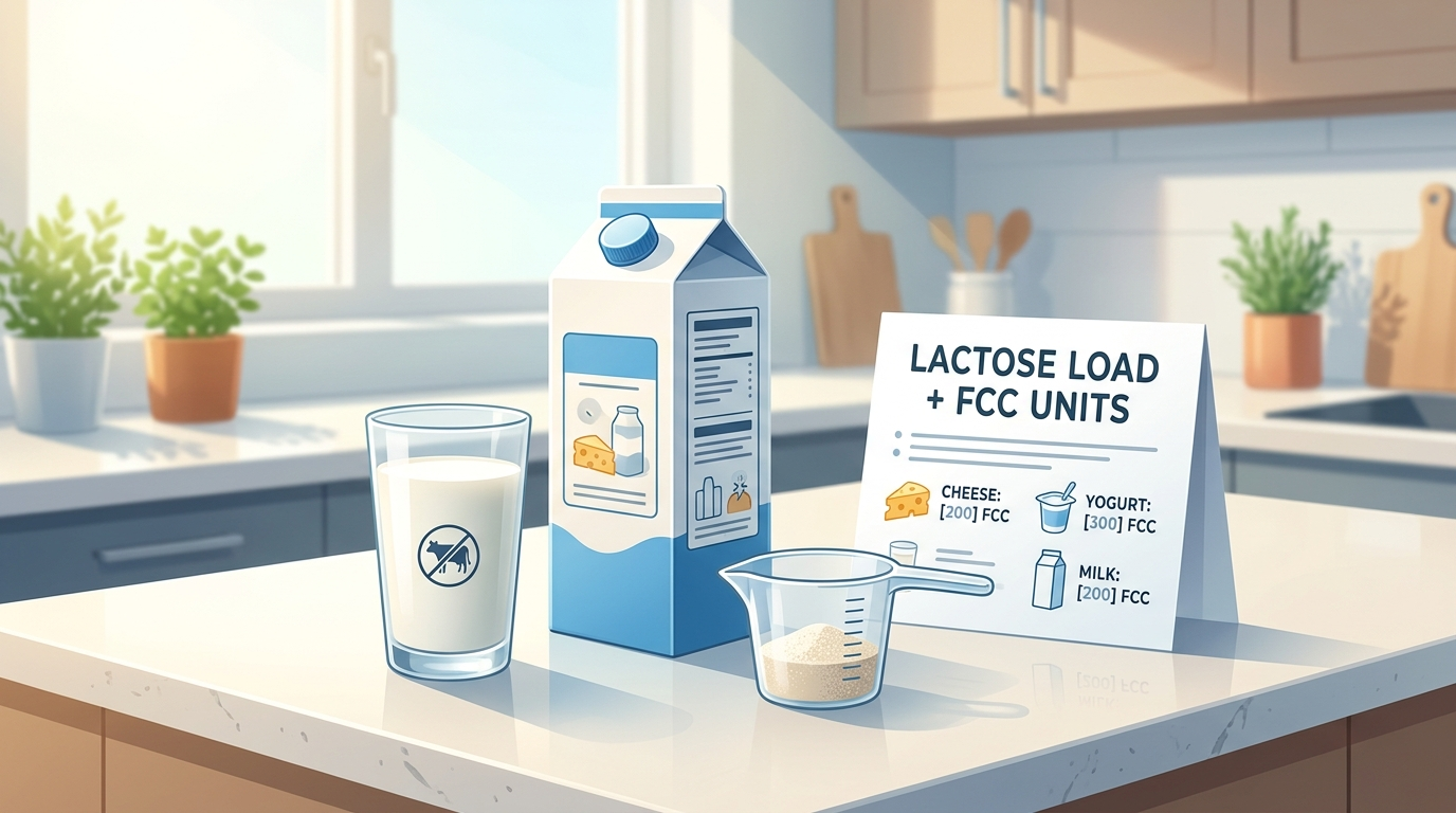 Lactase tablets beside lactose-free milk and a note about lactose load and FCC units