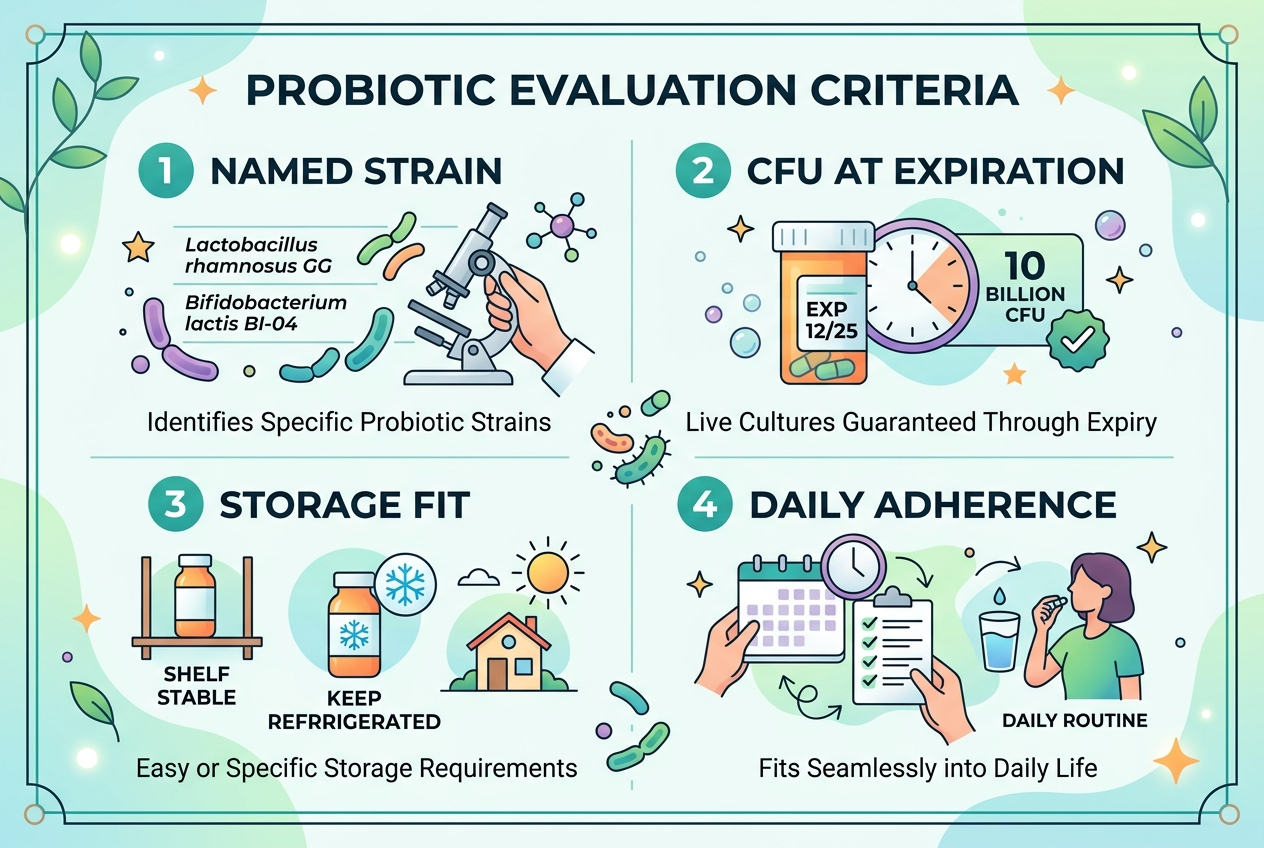Probiotic comparison criteria including named strain, CFU at expiration, storage fit, and daily adherence