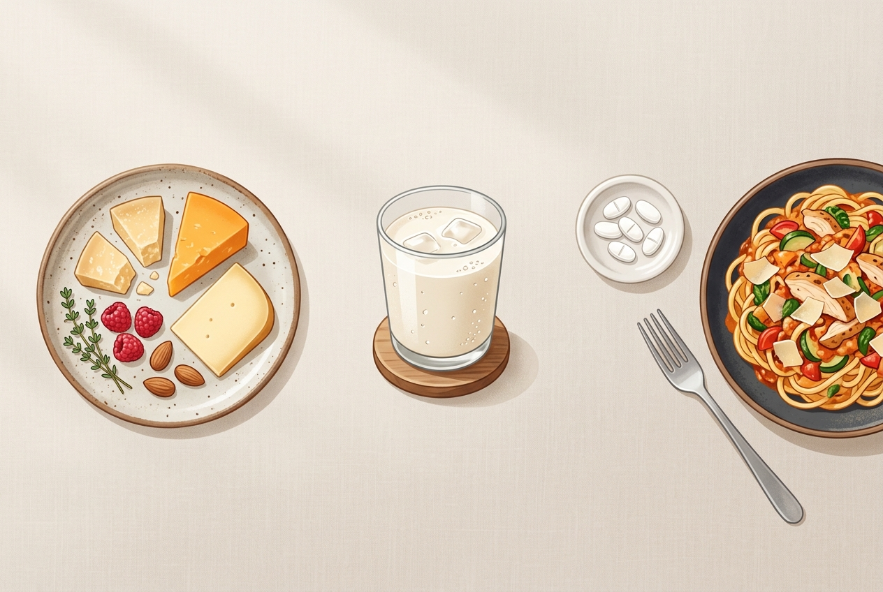 Three dairy strategy paths comparing avoidance, lactose-free staples, and lactase enzyme use.