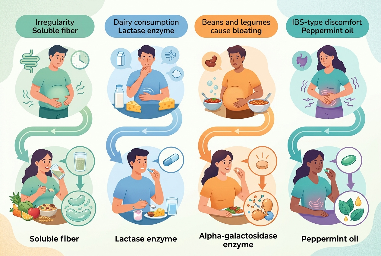 Debloating supplement decision guide based on bloating trigger
