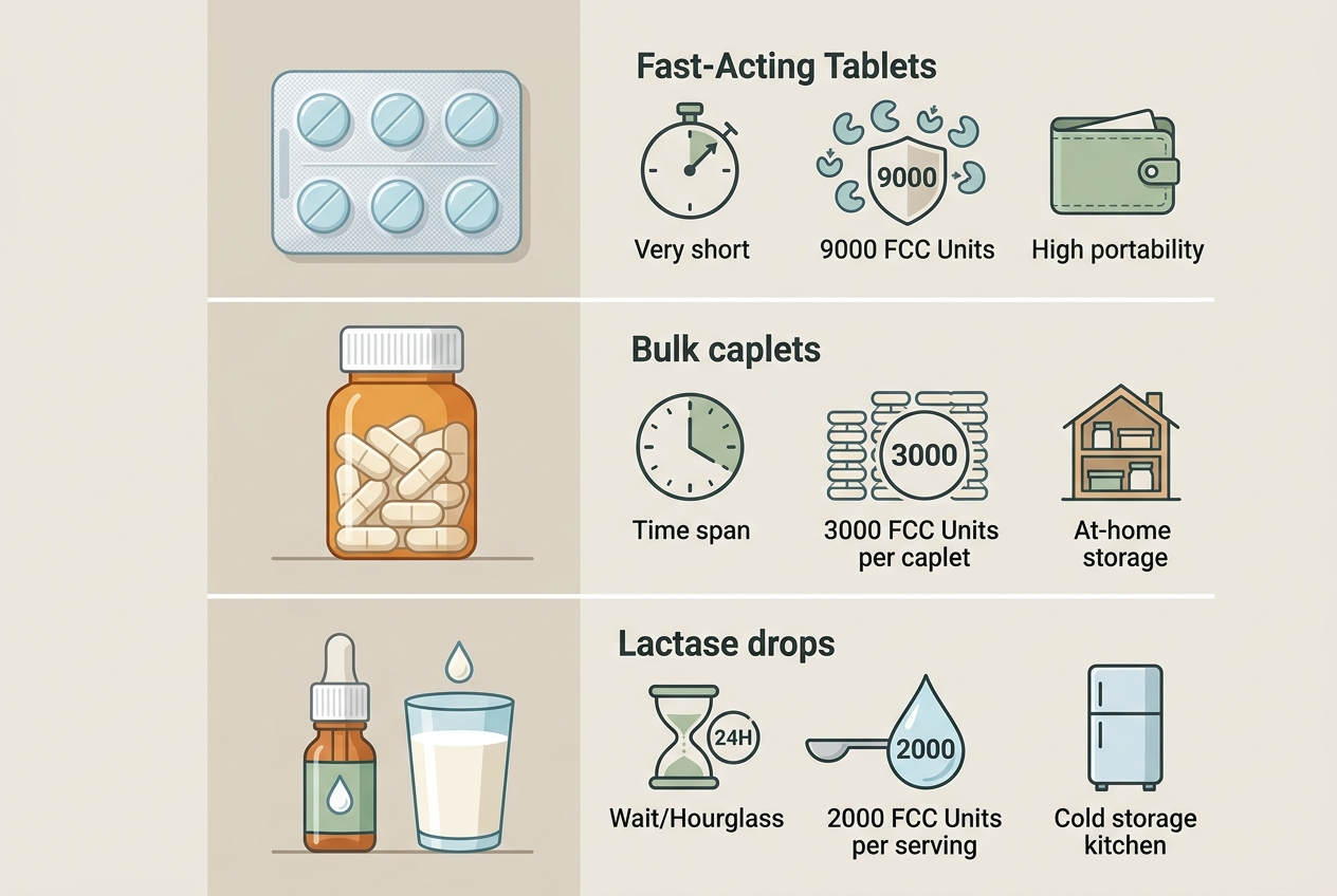 Lactase tablets, caplets, and drops arranged as a format comparison for dairy digestion support.