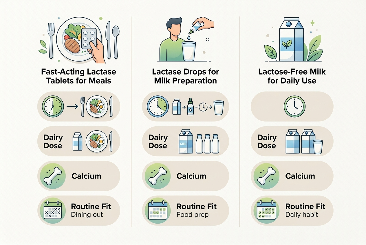 Lactase tablets, lactase drops, and lactose-free milk shown as support options for lactose intolerance.