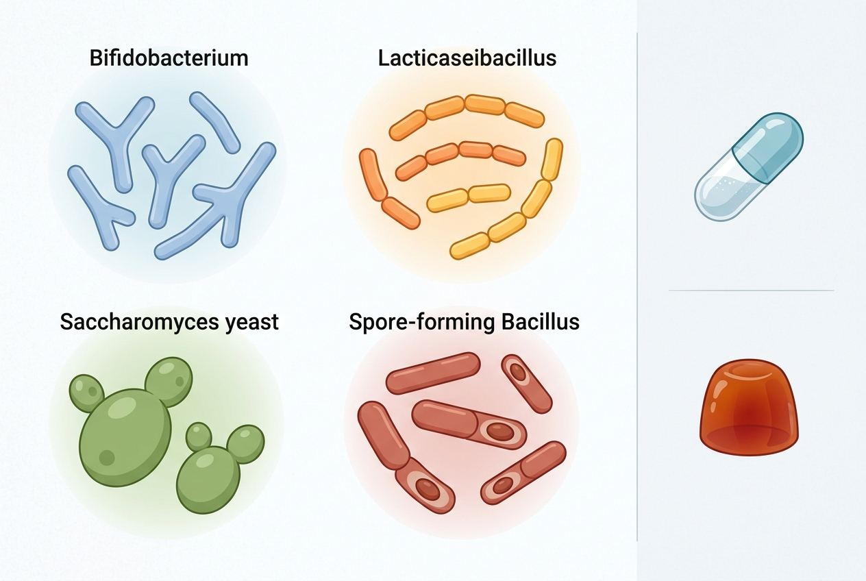 Illustration comparing bacterial, yeast, and spore-forming probiotic organisms in capsule and gummy formats.