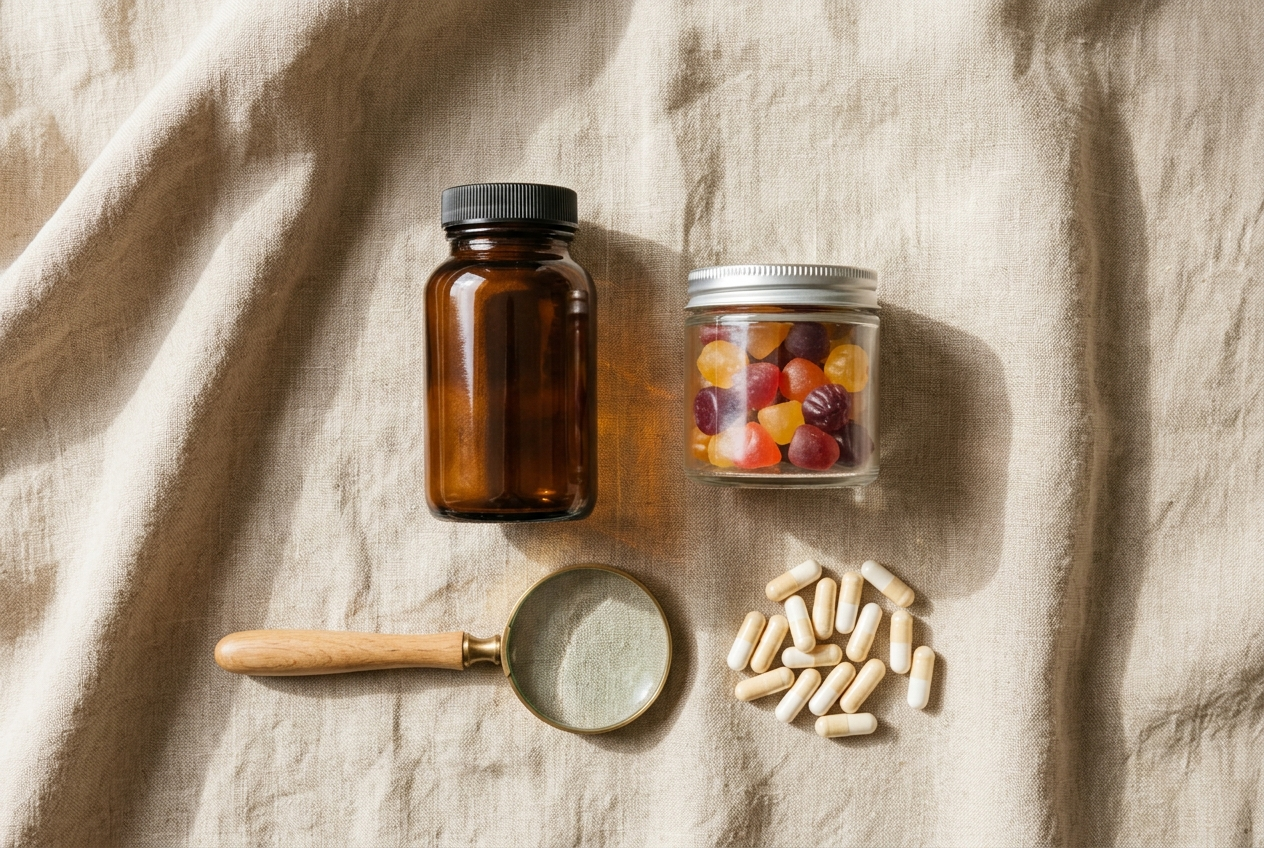 Probiotic capsules and gummies beside a magnifying glass for checking labels