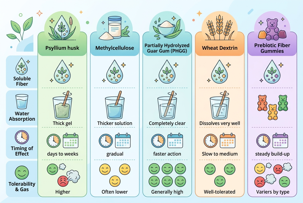 Comparison guide for psyllium, methylcellulose, PHGG, wheat dextrin, and prebiotic fiber gummies