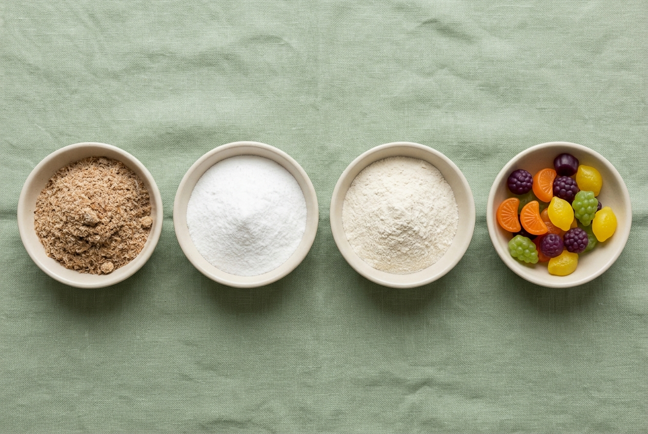 Psyllium, wheat dextrin, partially hydrolyzed guar gum, and inulin gummy fiber formats