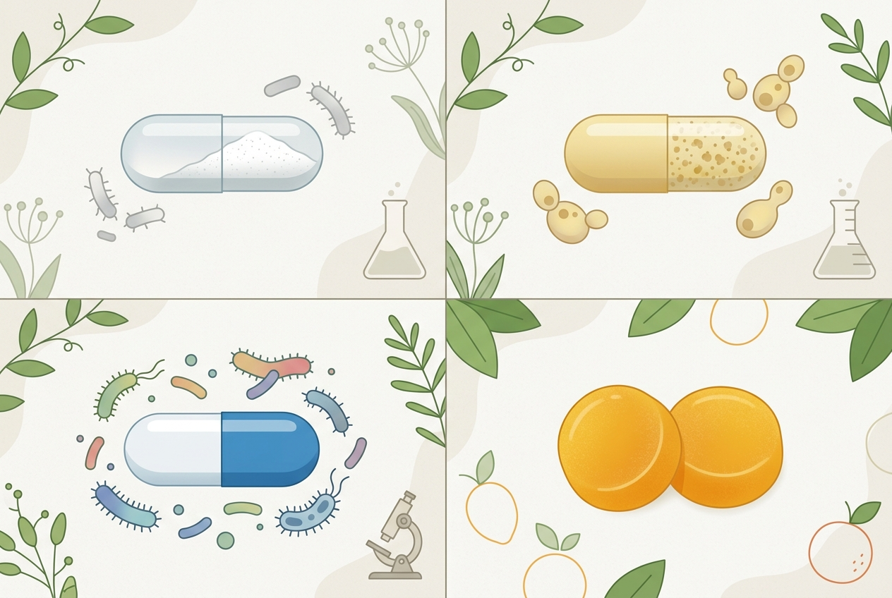 Four probiotic formats compared by organism type and routine fit