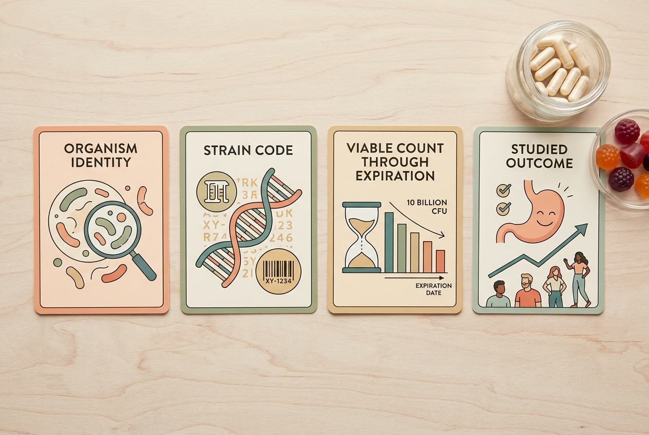 Probiotic label checklist showing organism, strain code, viable count, and studied outcome.
