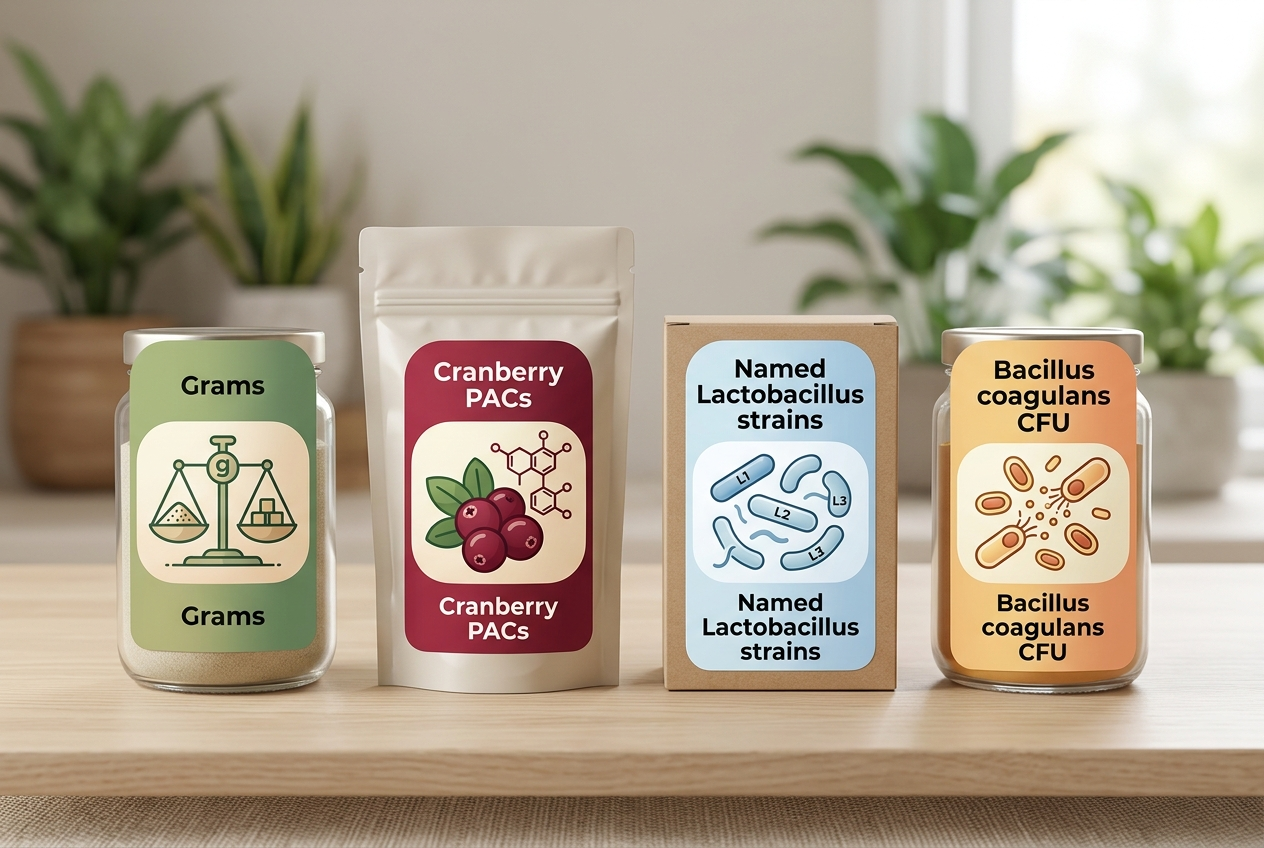 Label markers for D-mannose grams, cranberry PACs, urinary probiotic strains, and digestive probiotic CFU.