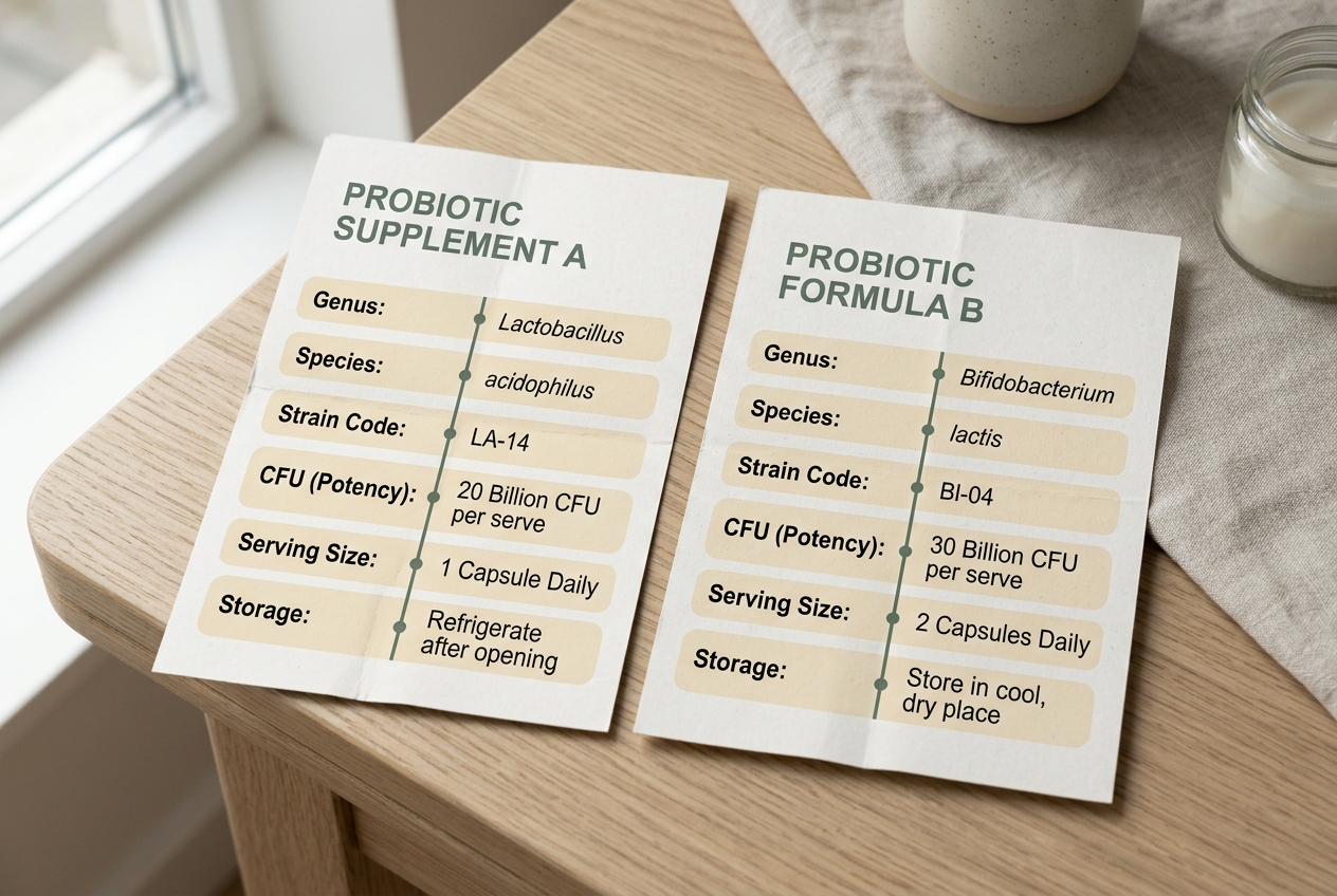 Two probiotic labels compared by organism, strain code, CFU, serving size, and storage