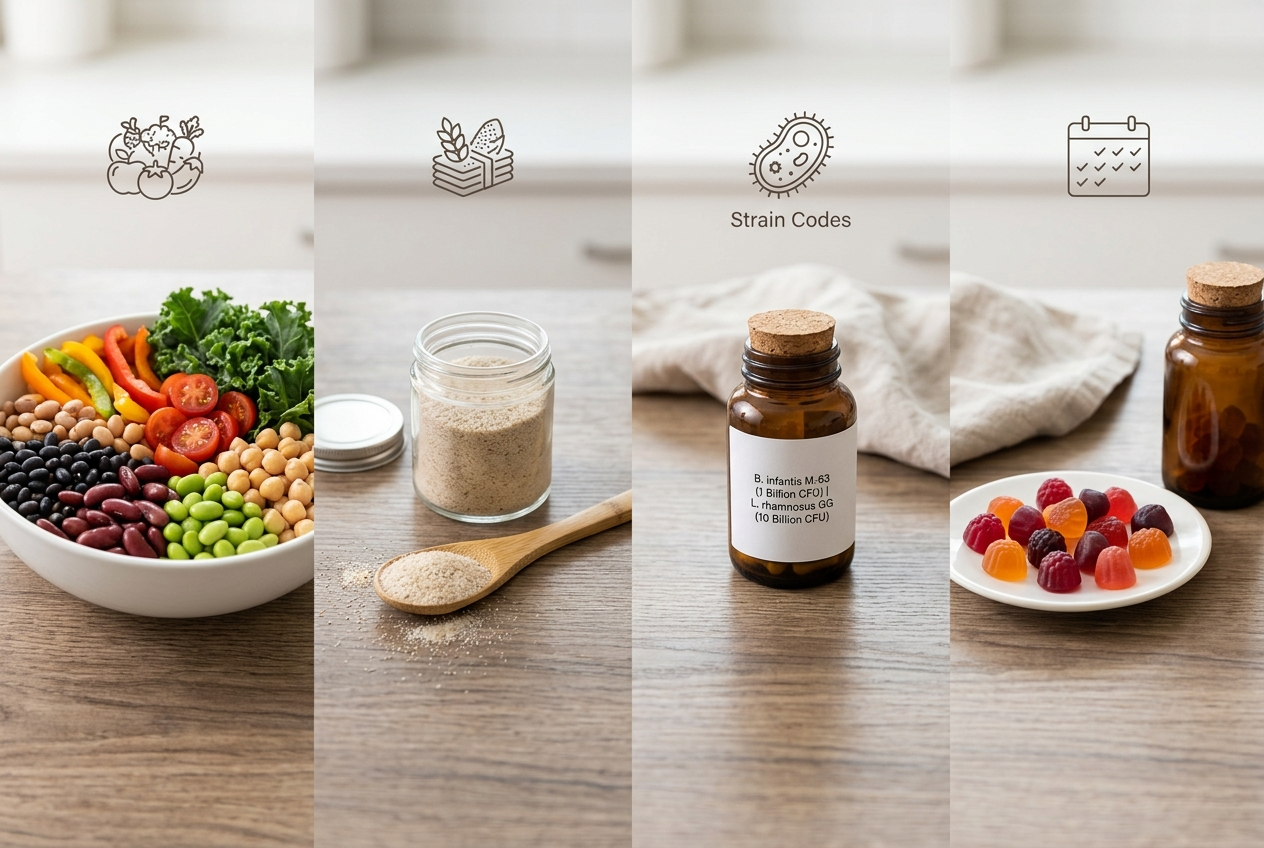 Food diversity, psyllium fiber, strain-labeled capsules, and probiotic gummies compared for microbiome support.