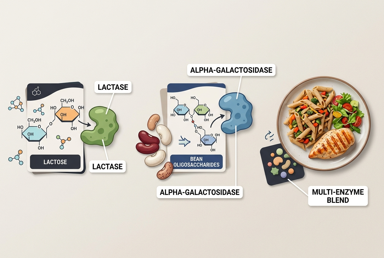 Visual guide matching lactase, alpha-galactosidase, and broad-spectrum enzymes to the foods they digest.