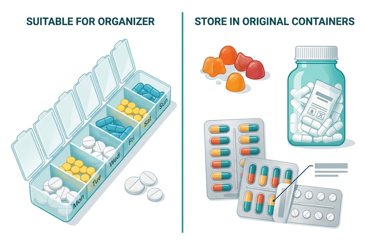 Comparison of dry tablets suitable for brief organizer use and moisture-sensitive supplements kept in original packaging.