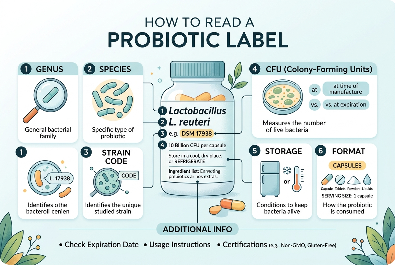 Guide to reading probiotic labels for genus, species, strain code, CFU, storage, and format