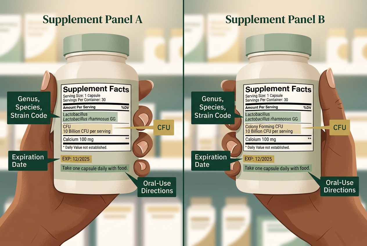 Shopper comparing probiotic labels for strain codes, CFU, expiration, and oral-use directions