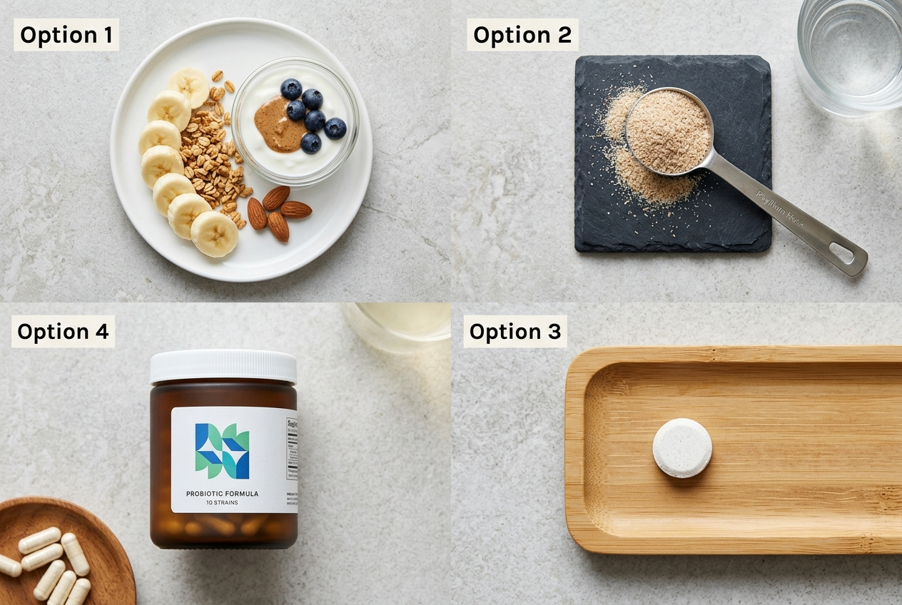 Meal timing, fiber, digestive enzyme, and probiotic options compared for training-related digestive comfort
