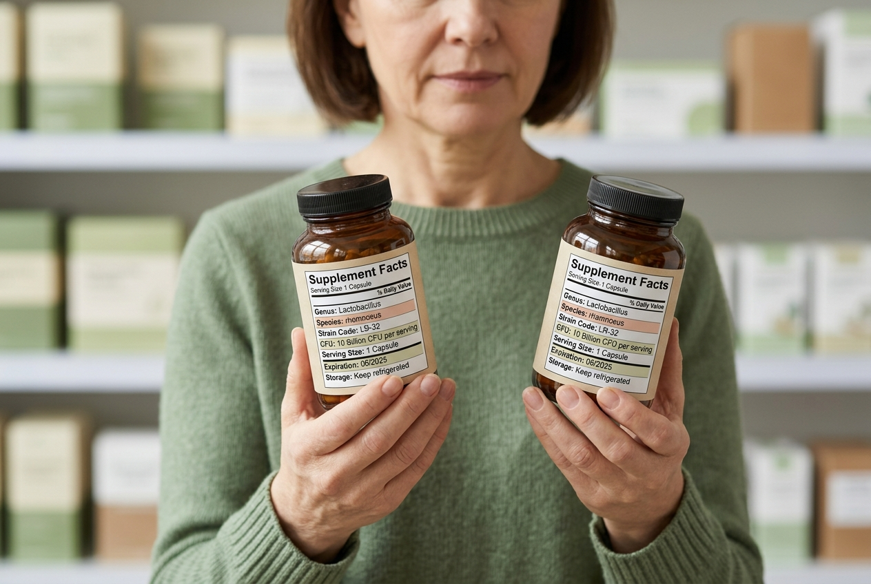 Shopper comparing probiotic labels for strain identity, CFU, serving size, expiration, and storage