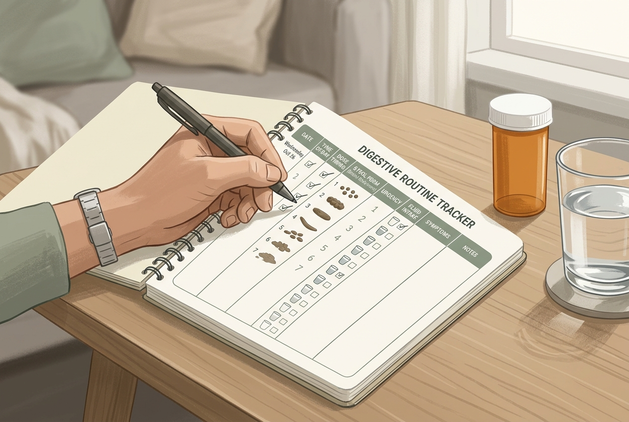 Digestive routine tracker recording dose timing, stool form, urgency, fluid intake, and symptoms