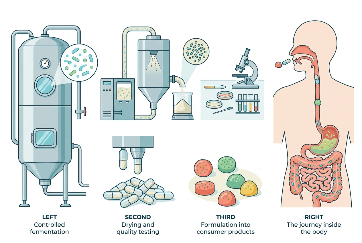 Visual sequence showing probiotic fermentation, stabilization, product formats, and passage through the digestive tract
