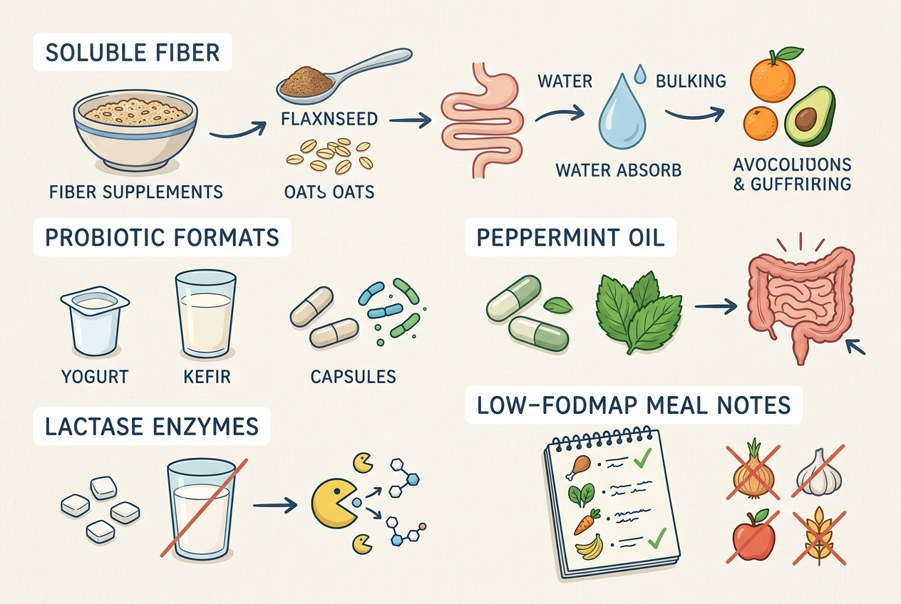 Visual comparison of fiber, probiotic, peppermint oil, lactase, and diet notes for IBS support.