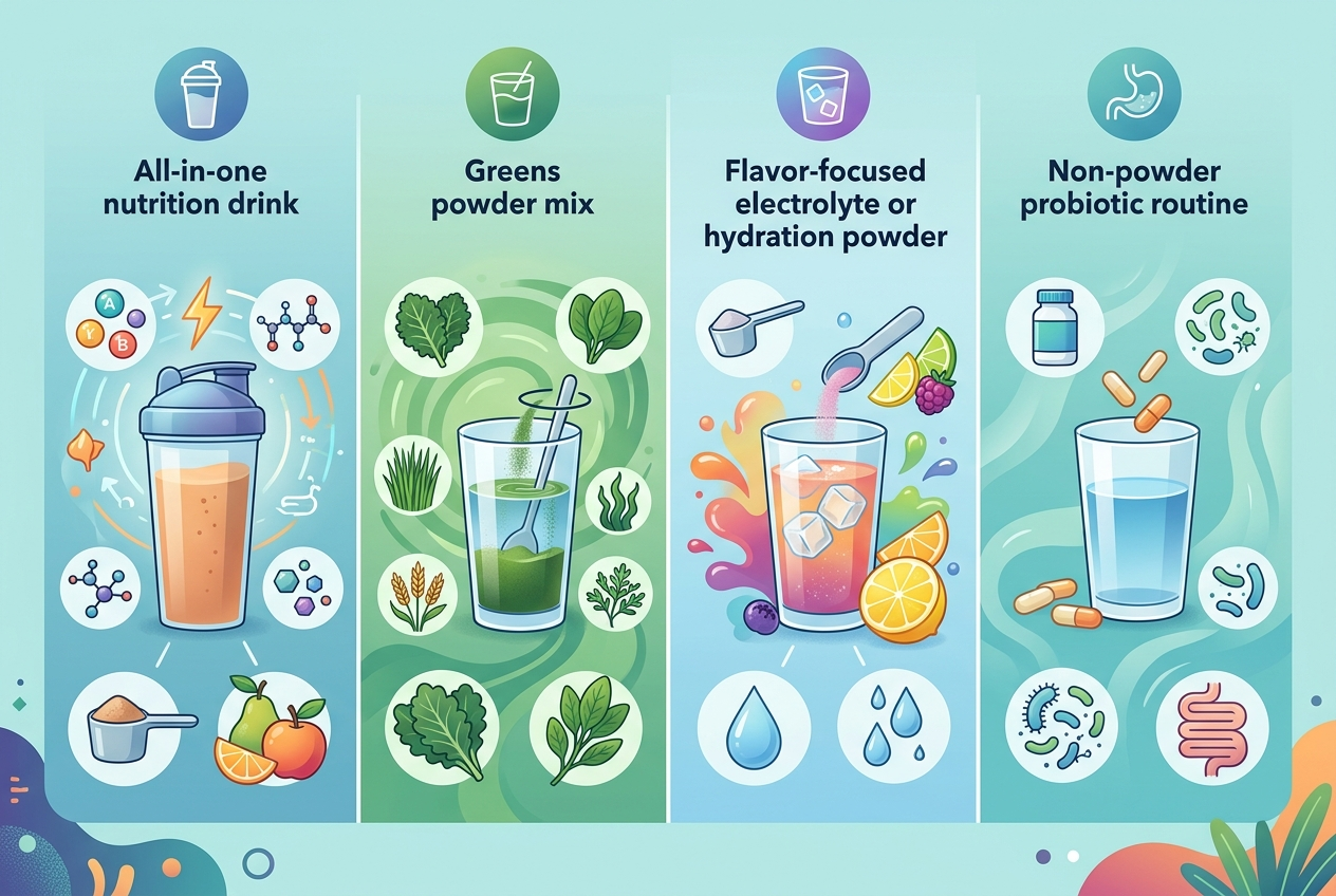 Visual guide comparing superfood supplement use cases by format and routine fit