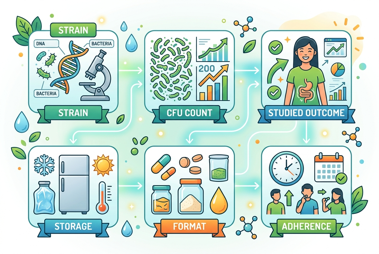 Visual checklist for comparing probiotic research claims by strain, CFU, outcome, storage, and format