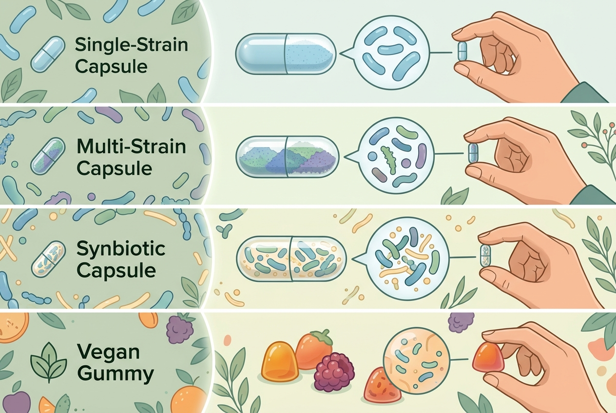 Visual comparison of probiotic capsule, synbiotic, and gummy supplement formats.