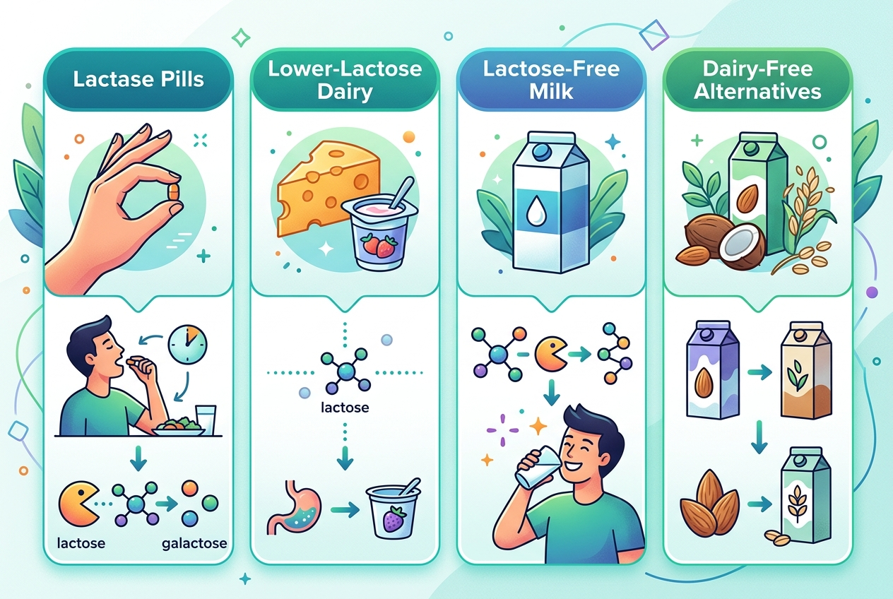 Comparison of lactase pills, lower-lactose dairy, lactose-free milk, and dairy-free alternatives
