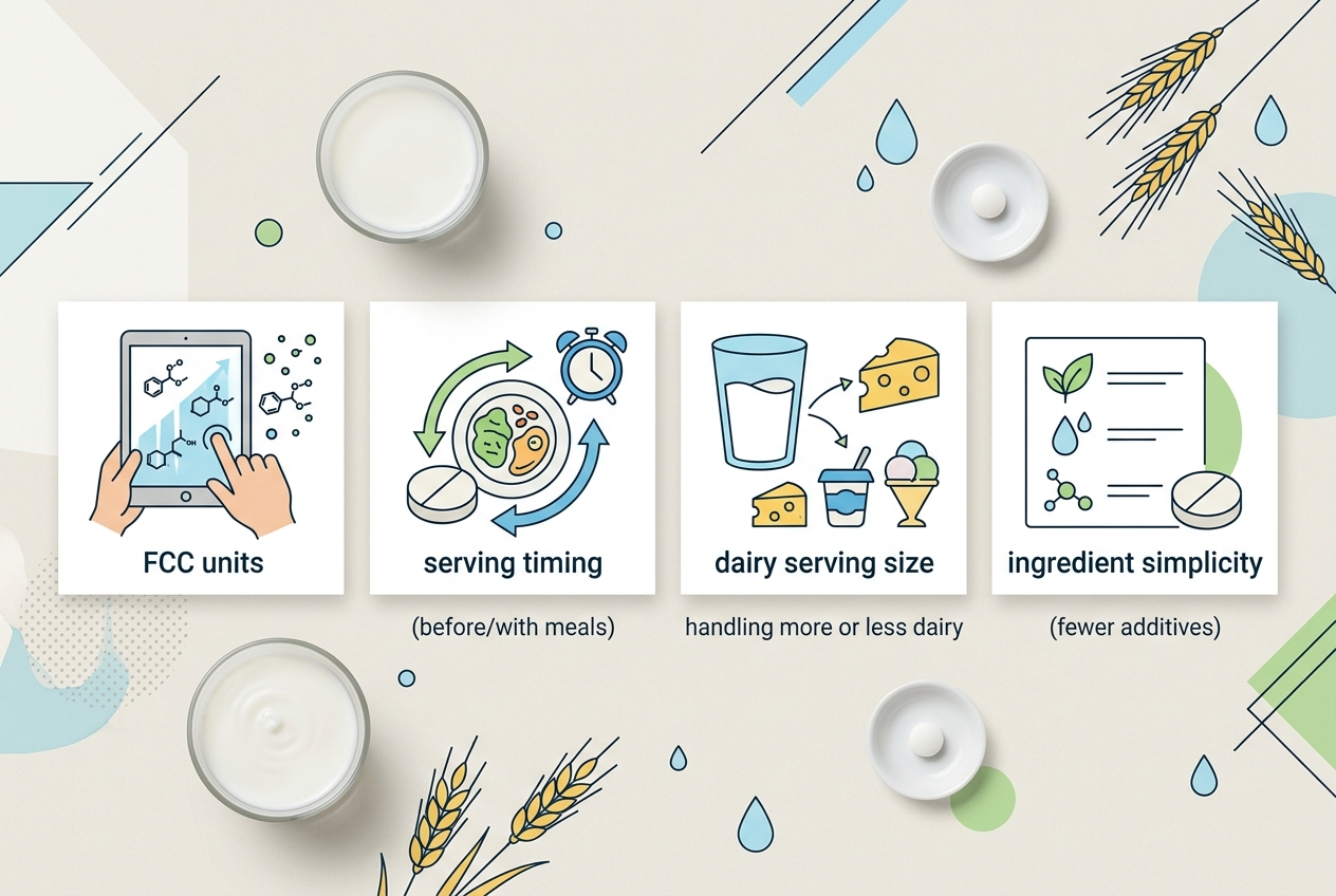 Visual guide comparing lactase products by FCC units, timing, serving size, and ingredients