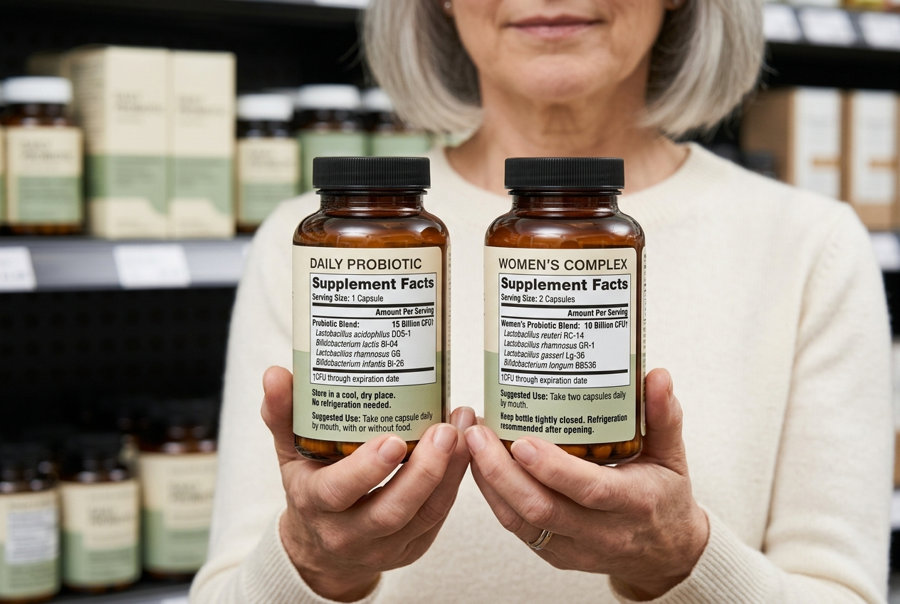 Shopper comparing vaginal probiotic labels for strain codes, CFU, serving size, route, and storage