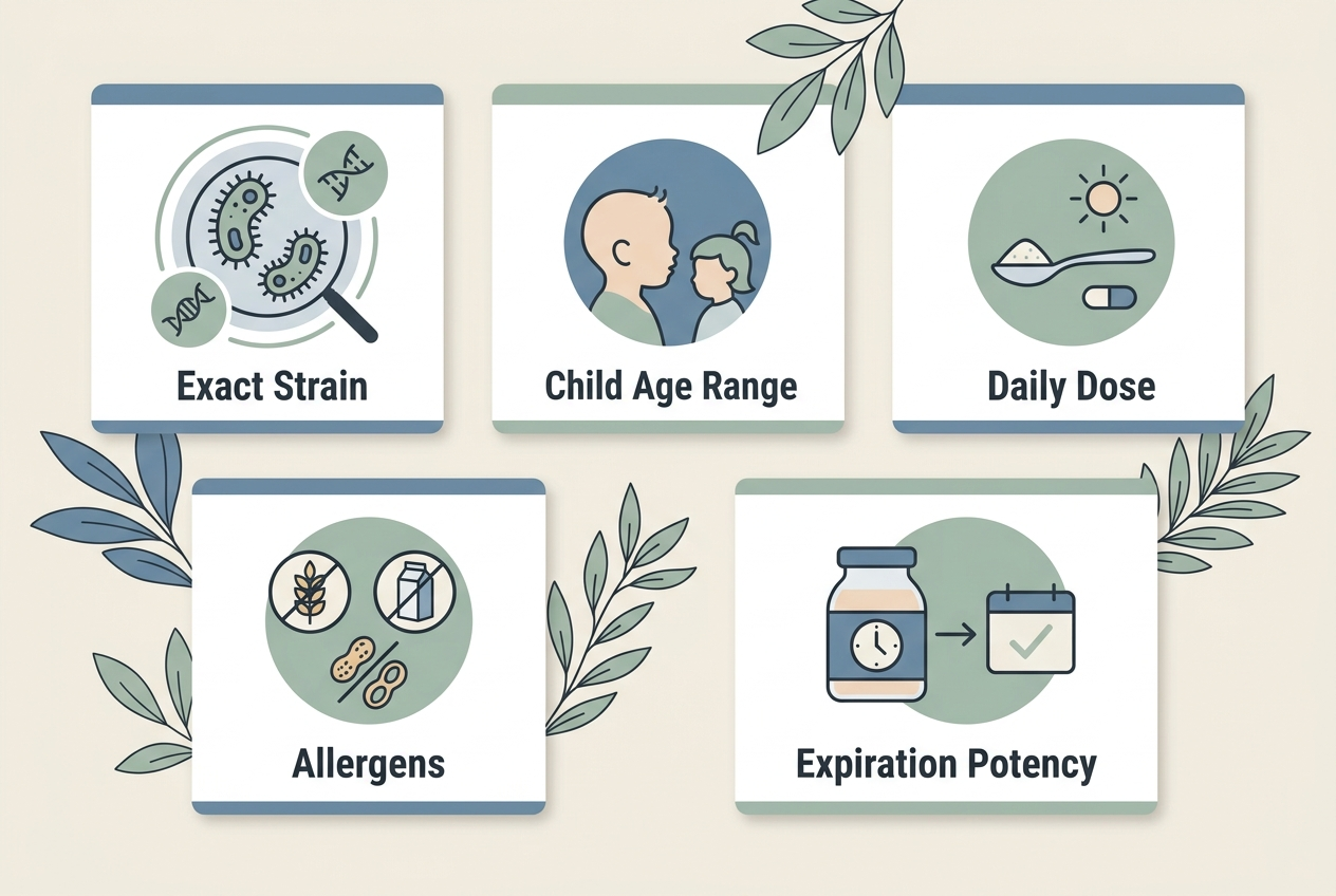 Visual checklist for comparing probiotic strain, pediatric age, dose, allergens, and expiration potency