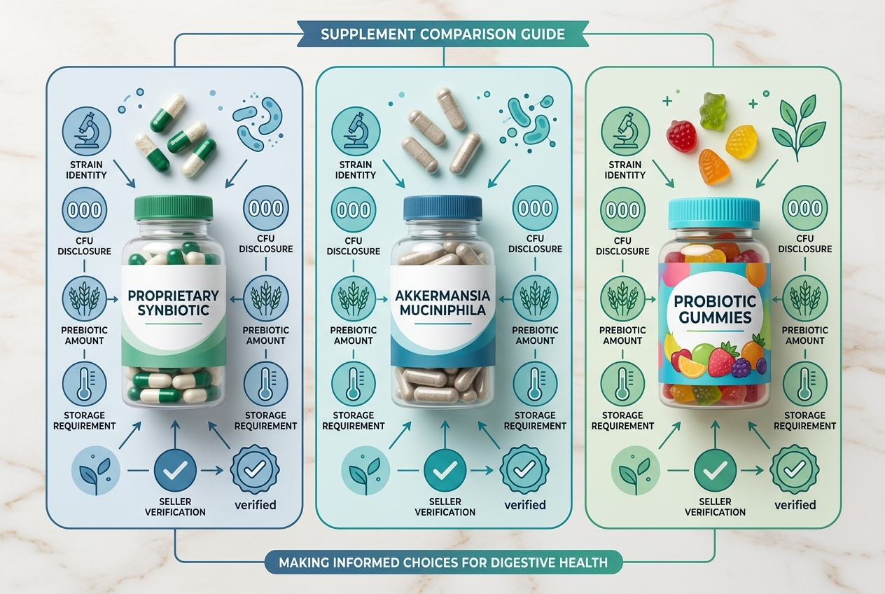 Probiotic comparison organized by strain identity, CFU count, prebiotic amount, storage, and seller verification