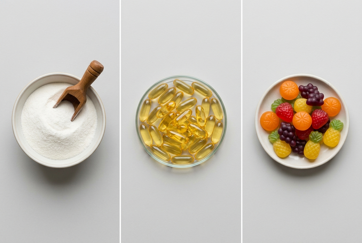 Collagen powder, fish-oil softgels, and probiotic gummies shown as different skin supplement formats