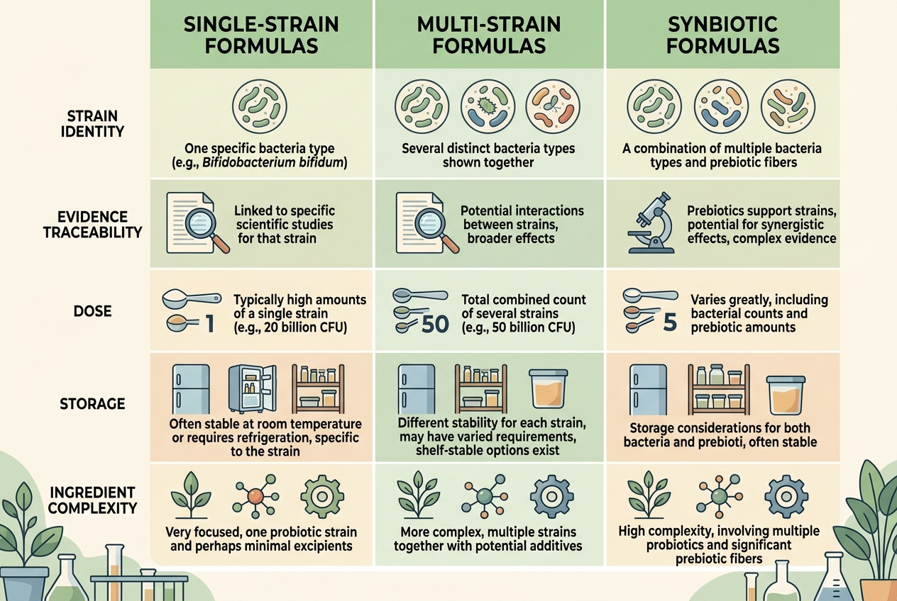 Infographic comparing single-strain, multi-strain, and synbiotic probiotic label features.