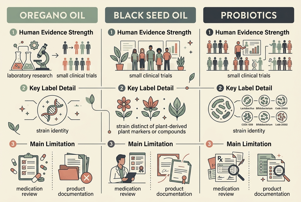 Evidence, label, and safety criteria for oregano oil, black seed oil, and probiotic supplements.