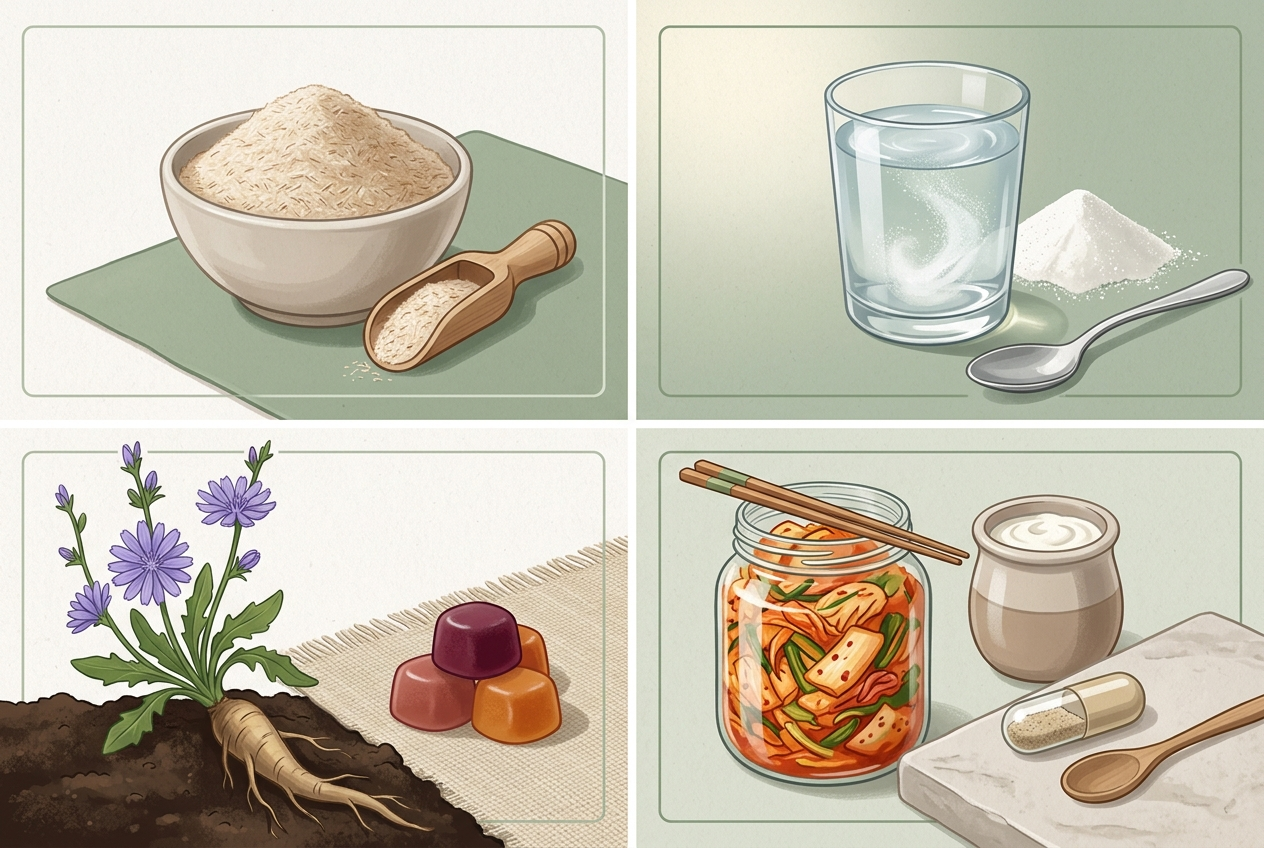 Visual comparison of psyllium, wheat dextrin, inulin fiber gummies, and probiotic formats