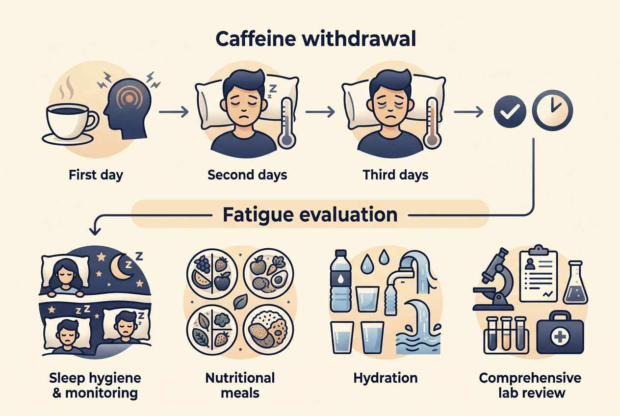 Timeline separating short caffeine withdrawal from longer-term fatigue evaluation