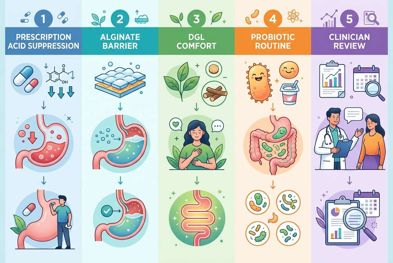 Infographic separating prescription acid suppression from alginate, DGL, probiotic, and clinician-review options.