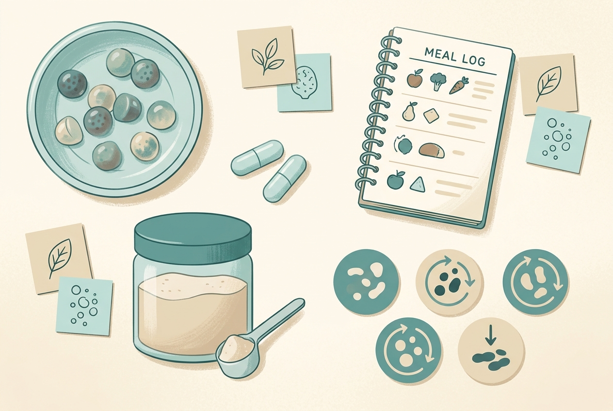 Probiotic and fiber formats compared beside a meal and symptom log