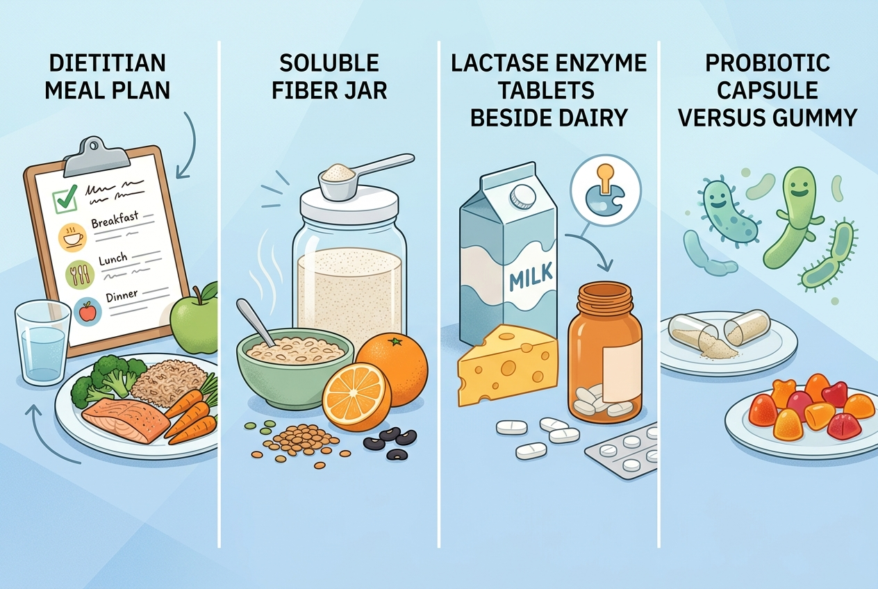 Diet, soluble fiber, lactase, and probiotic approaches compared for different bloating patterns