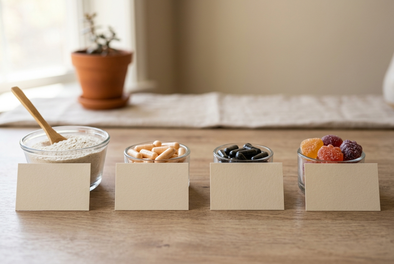 Soluble fiber, peppermint oil capsules, probiotic capsules, and gummies compared by format