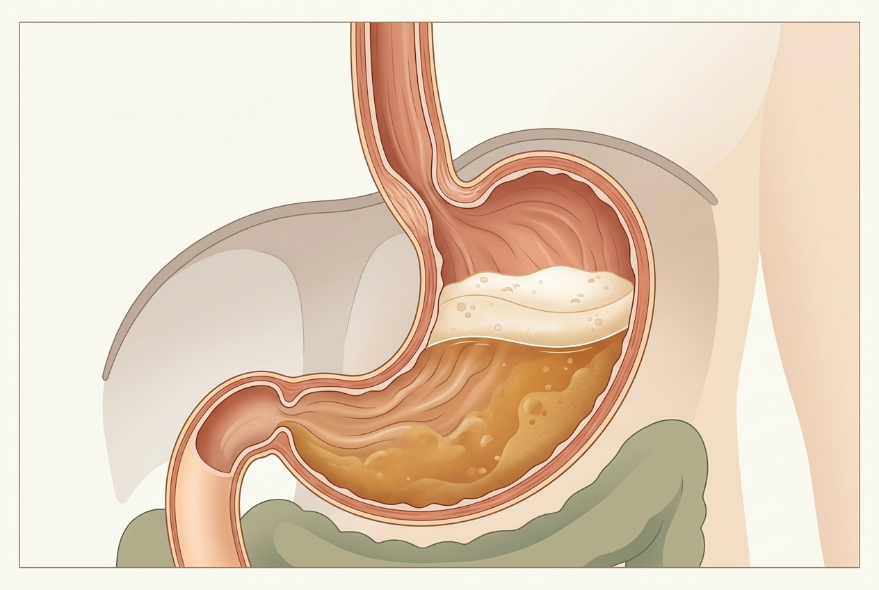 Illustration of an alginate raft forming above stomach contents near the lower esophagus