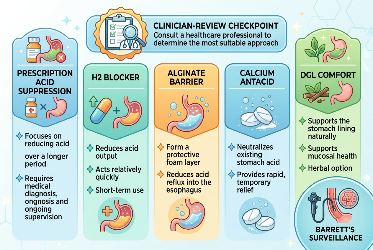 Infographic separating prescription acid suppression, H2 blockers, alginate, antacids, and DGL comfort.