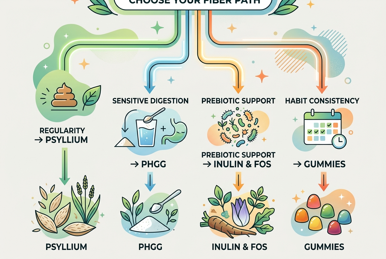 Decision tree matching fiber supplement types to regularity, sensitive digestion, prebiotic support, and habit consistency.