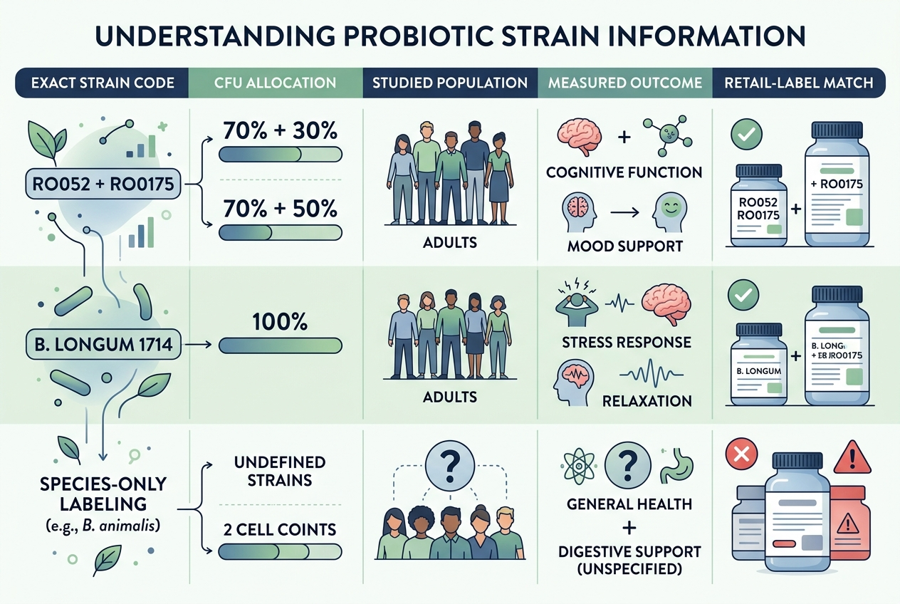 Mood-probiotic comparison framework matching strain codes, doses, populations, outcomes, and product labels