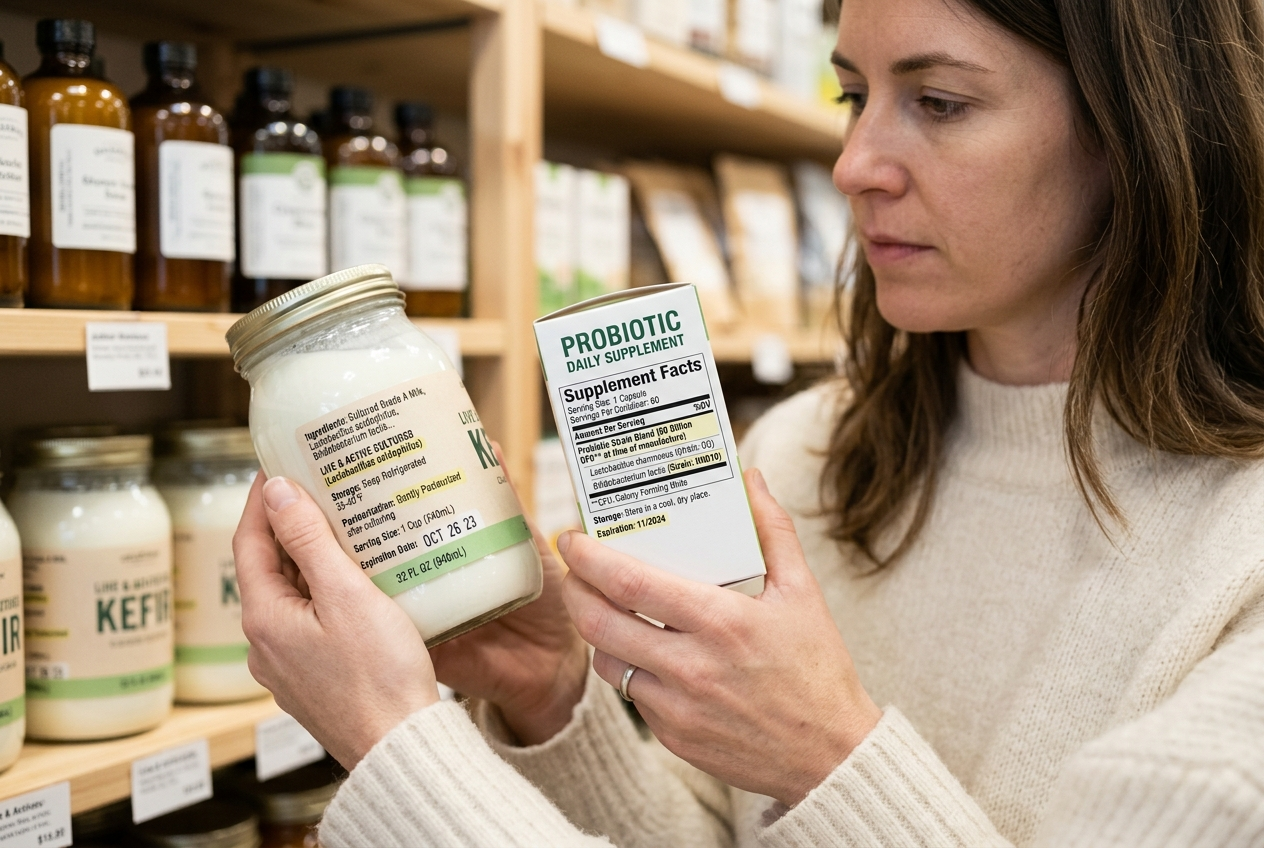 Shopper comparing fermented-food culture wording with probiotic strain, CFU, expiration, and storage information.