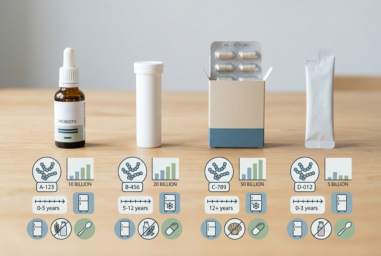 Kids' probiotic formats compared by strain, CFU, age directions, storage, allergens, and serving size.