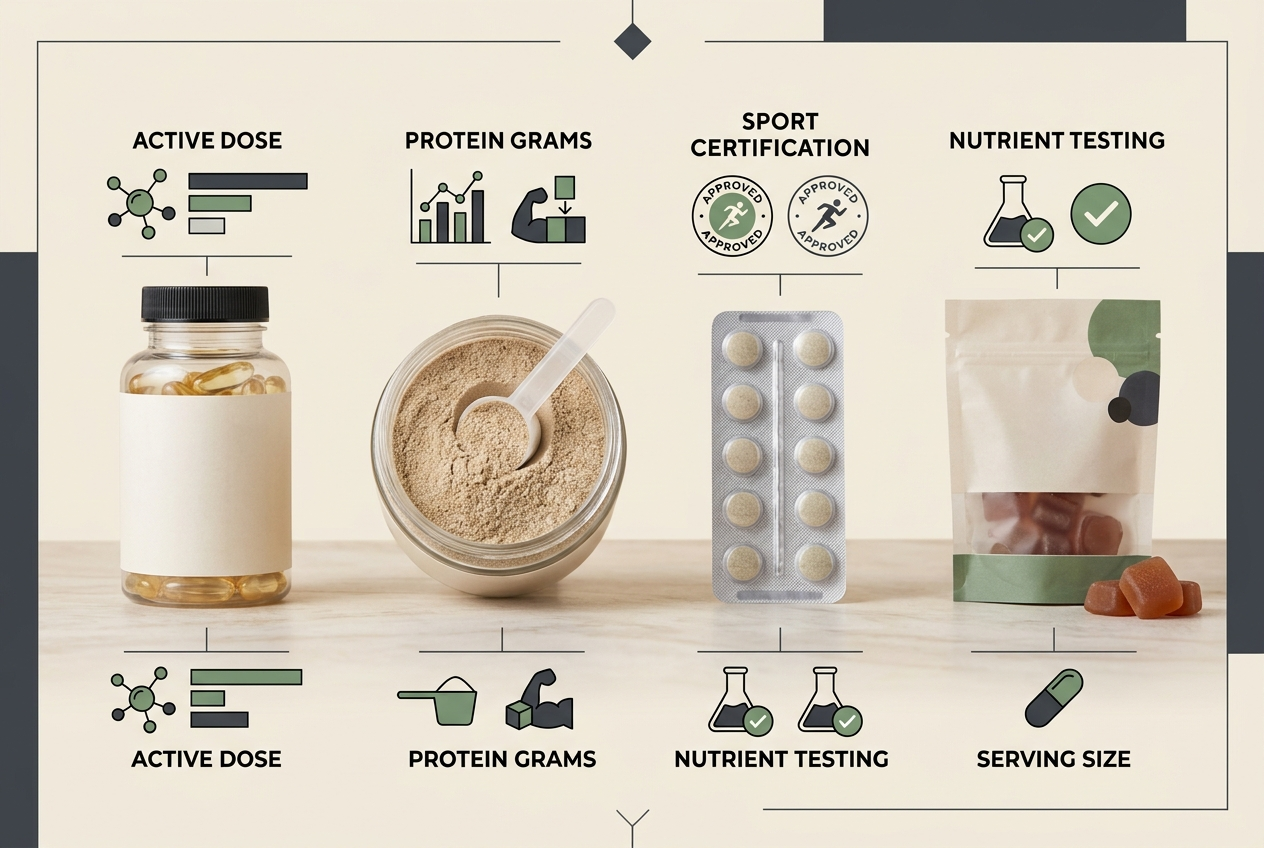 Sports supplement formats compared by dose, protein, certification, nutrient testing, and serving size.