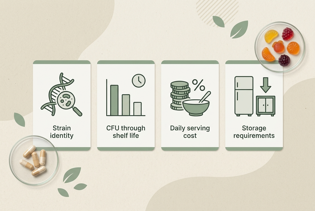 Visual checklist for comparing probiotic strain, CFU, serving cost, and storage