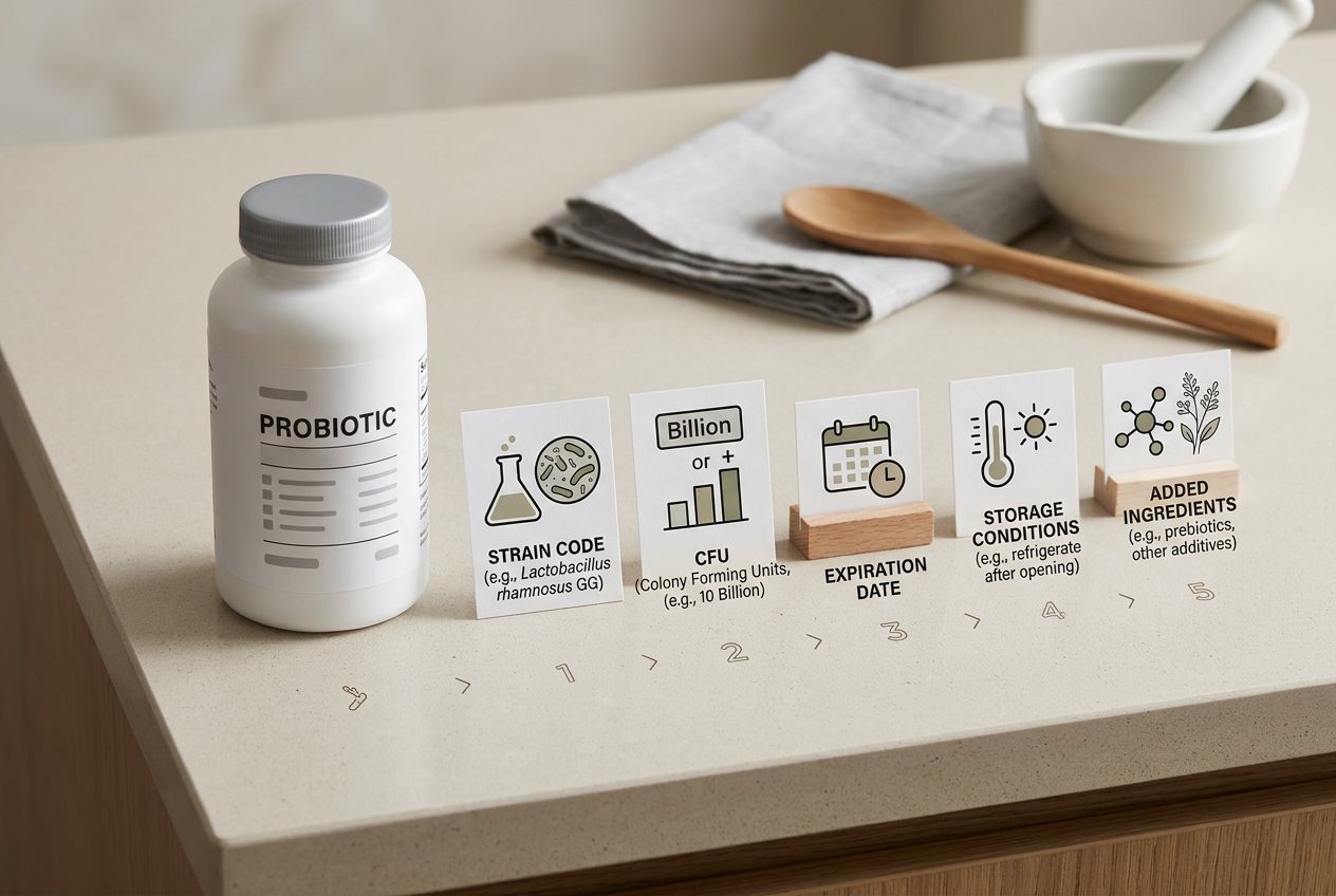 Probiotic label criteria including strain identity, CFU, expiration, storage, and added ingredients